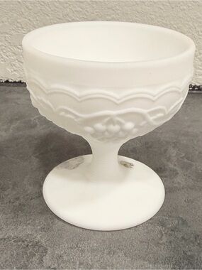 Satin White Embossed Milk Glass Compote Dish, Wine Glass. Imperial Glass Co.